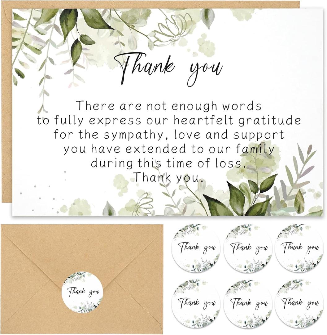 50 Set Funeral Thank You Cards with Envelopes and Matching Seal Stickers,Thank You Sympathy Cards with Message,Bereavement Sympathy for Funeral Family Friends Loved Ones