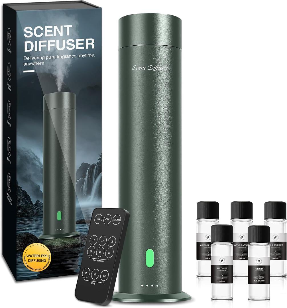 Waterless Diffuser Starter Kit with 5 Scent Oils - Cold Air Diffuser Machine for Home, Hotels and Large Room, 1000 Sq.Ft Coverage Hotel Scent Essential Oil Diffuser, Remote Control, 4.05 Oz, Green