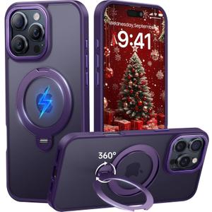 for iPhone 16 Pro Case 360Spin Magnetic Stand, Fit for MagSafe, Shockproof of Military-Grade Protection, Magnetic Phone Case for iPhone 16 Pro with Kickstand Rotatable 6.3 inch, Deep Purple