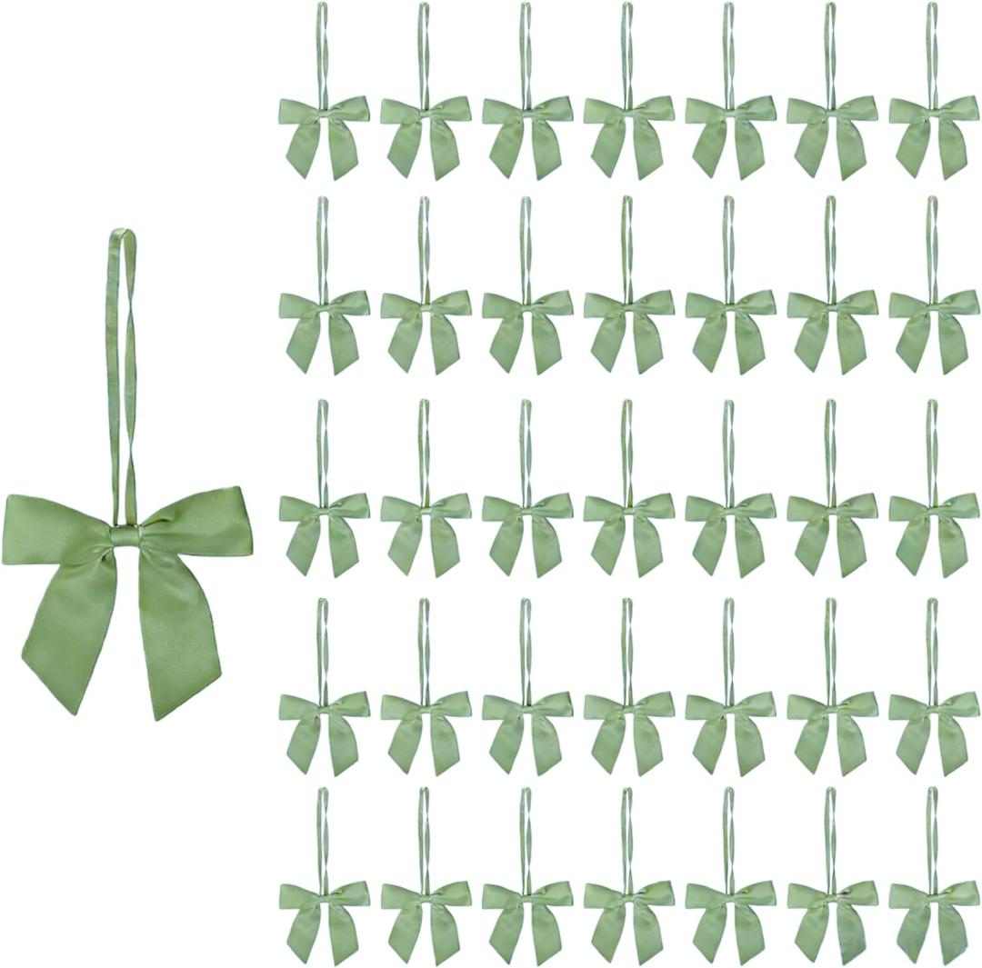 Meseey 50pcs 3 Inch Stretch Elastic Loops with Pre-Tied 2.5 Inch Sage Green Ribbon Bows for Gift Wrapping, Gift Boxes, Baskets, Crafts, and Christmas Decor