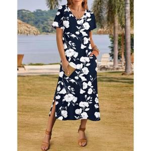 Zeagoo Maxi Sundresses for Women Summer Casual V Neck Boho Flowy Aline Short Sleeve Loose Floral Shift Dresses with Pocket Long Split Dress Beach Cover Up, L