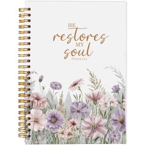 Christian Notebook for Women, Christian Art Gifts Journal, Prayer Journal for Women, Bible Journaling Notebook, PSALM 23:3 He Restores My Soul Floral Spiral Notebook 5.5x8.3
