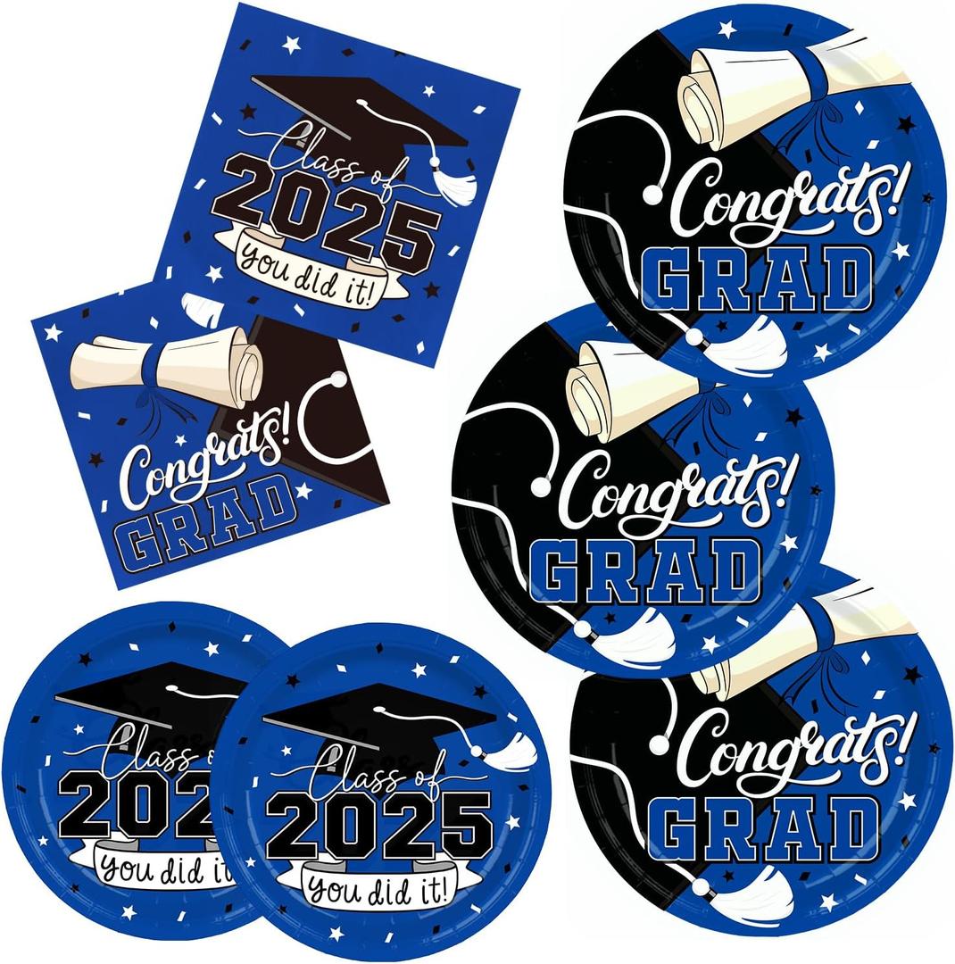 2025 Graduation Party Supplies Kit: Blue-Themed Congrats Grad Decorations with Disposable Dinner & Dessert Plates, Napkins for 50 Guests - Graduation Party Decorations