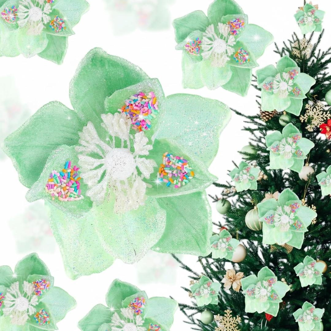 Norme 15 Pcs 3 Size Velvet Christmas Poinsettia Flowers Magnolia Glitter Artificial Flowers Ornaments Poinsettia for Christmas Tree Wreath Garland Wedding Holiday Decor(Macaron Green)
