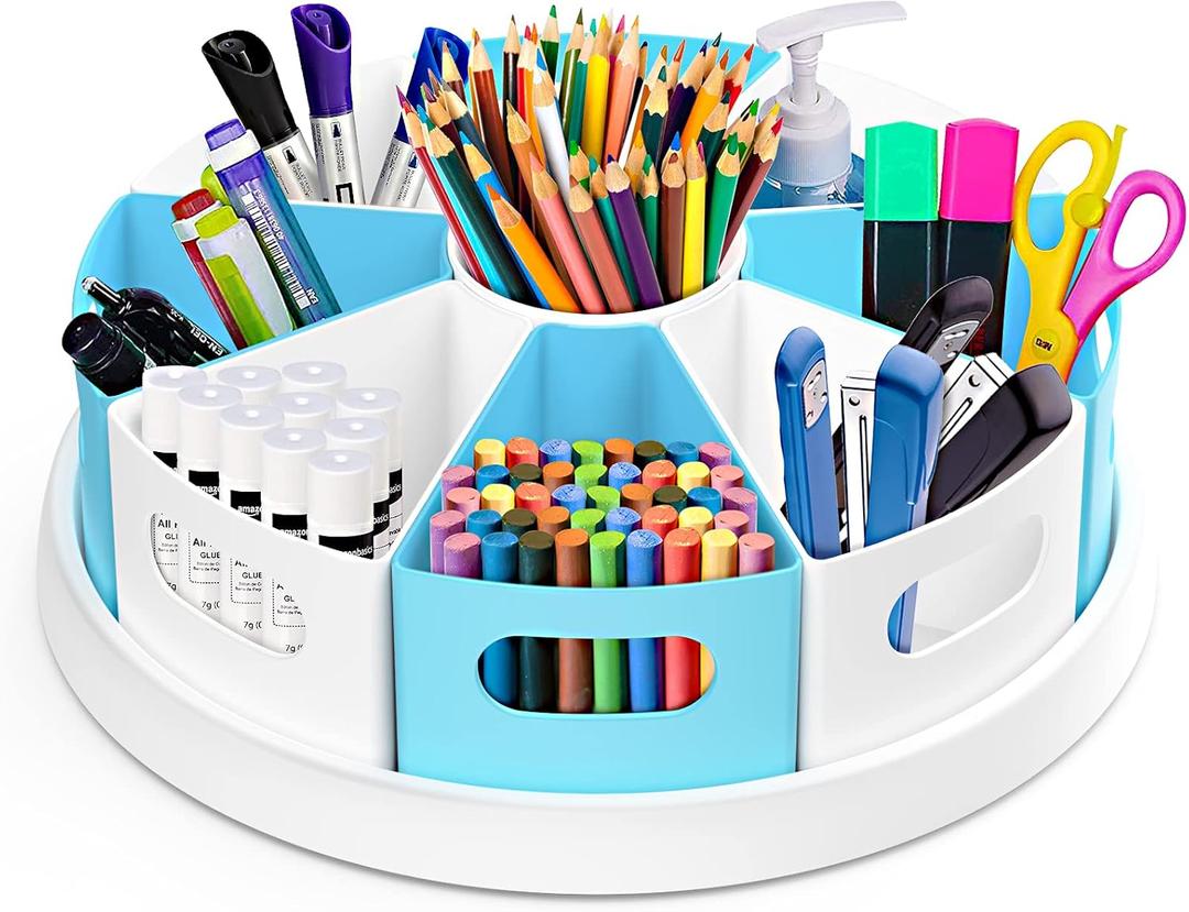 MeCids 360Rotating Desk Organizers Homeschool Office Organization and Storage Art Supplies Organizers 12" Lazy Susan Style Caddy with Removable Bins, for Home Offices, School Supplies Classroom Use (White,blue)