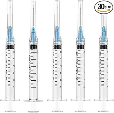 30 Pack 3ml Disposable Syringe with 23Ga 1.0 Inch Needle, Luer Lock Syringes, Individually Wrapped Lab Supplies