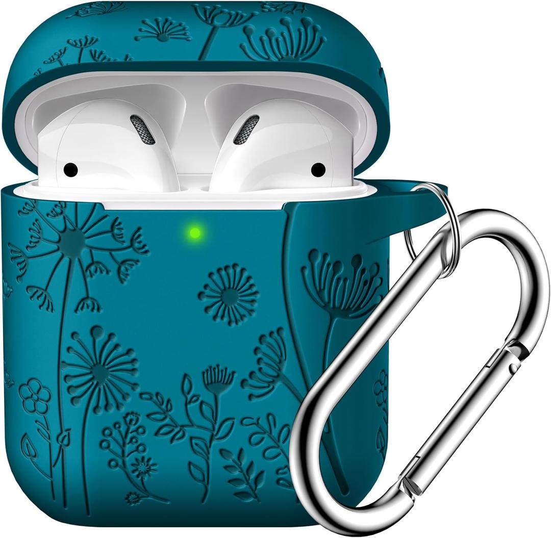 Lerobo Flower Engraved Case for AirPods Case Cover, Stylish Soft Silicone Protector with Keychain, Compatible with Apple AirPods 1st/2nd Generation Charging Case, Front LED Visible, Verdant Blue