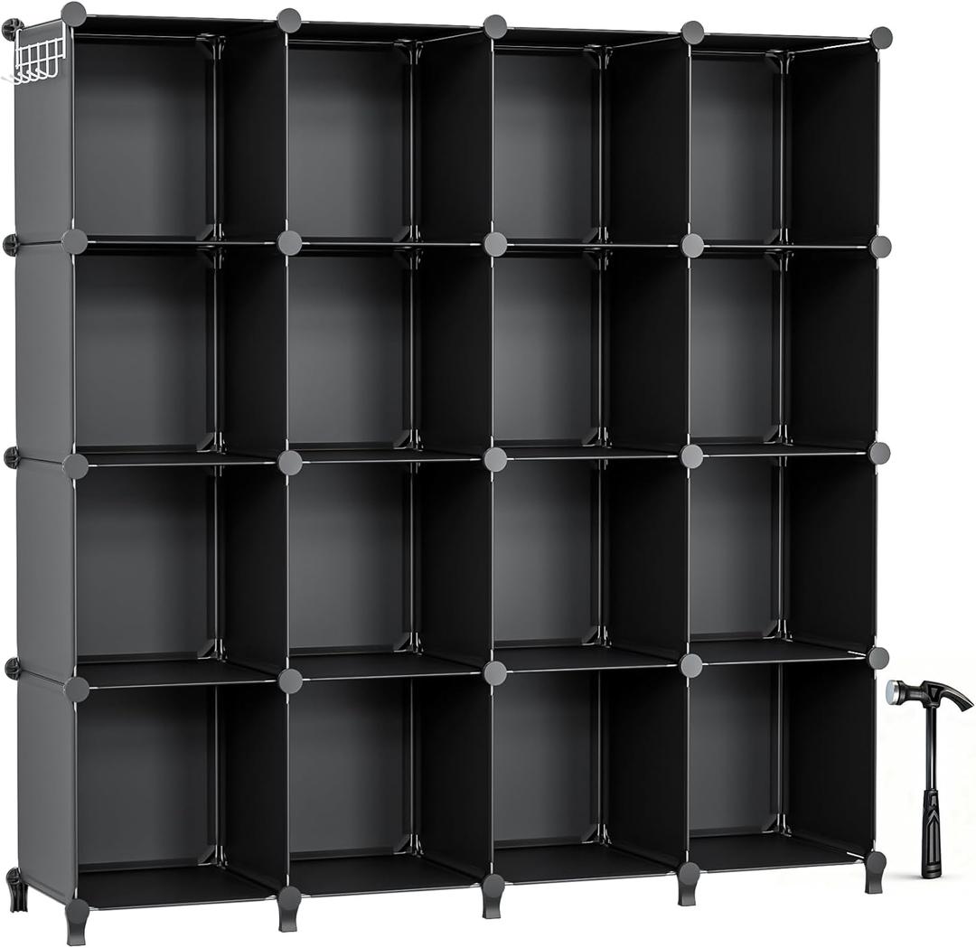 Neprock 16 Cubby Storage Organizer, Closet Clothes Storage Organizer, Cube Shelves Closet Organizers and Storage Shelves for Clothing Storage with Hammer, Bookshelf for KidsBlack