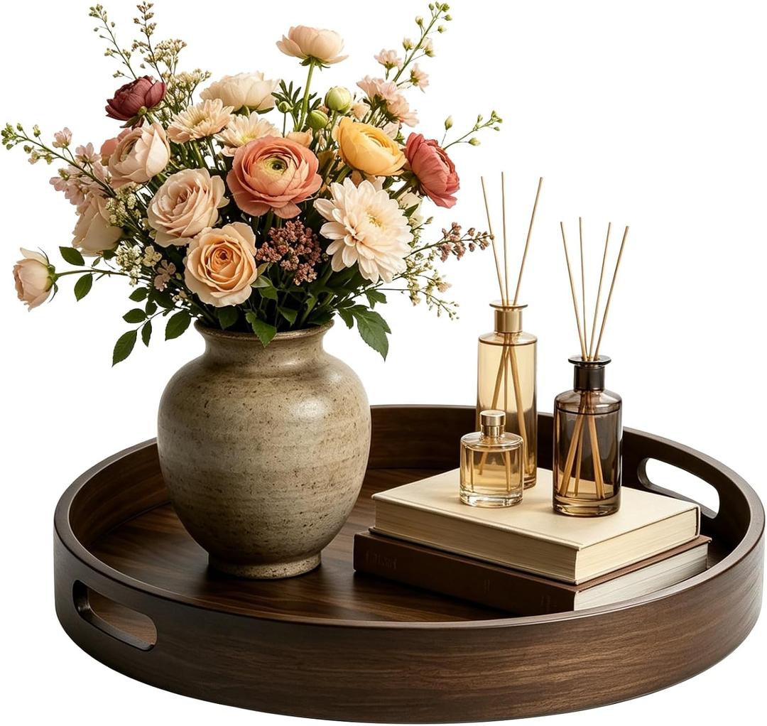Round Wood Tray with Handles, 15.7 in Decorative Wooden Serving Tray with Walnut Wood Grain, Vintage Coffee Table Platter Plate for Kitchen Counter, Living Room