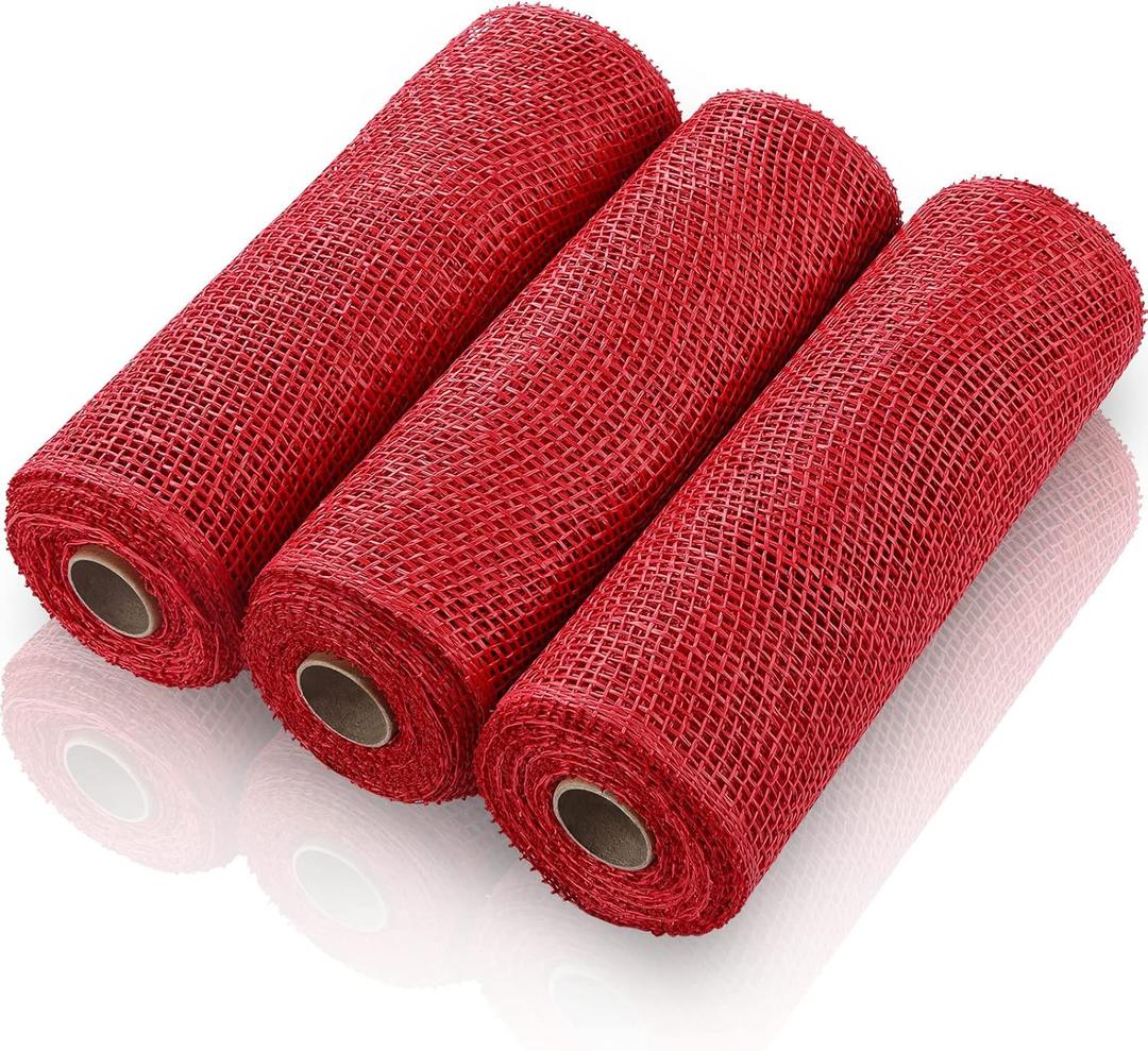 Chuangdi 3 Rolls Poly Burlap Deco Mesh 10 Inch Red Deco Poly Decorative Mesh Ribbon Wrapping Ribbon Rolls for Home Door Wreath Decoration DIY Crafts Making