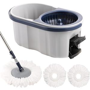 Spin Mop and Bucket Set 180 Swivel Mop Head Adjustable Telescopic Handle Dual Chamber Bucket 3 Refills Dual-Action Wringing Hand-Press Foot-Peda Hands-Free Self-Cleaning System for All Floor Types