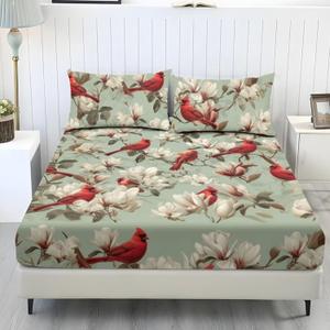 Suobstales Cardinal Flower Print Sheet Set Bed Sheets Soft Microfiber Deep Pocket Wrinkle Free Bedding Sheets with Pillowcases, Machine Washable, Twin Size
