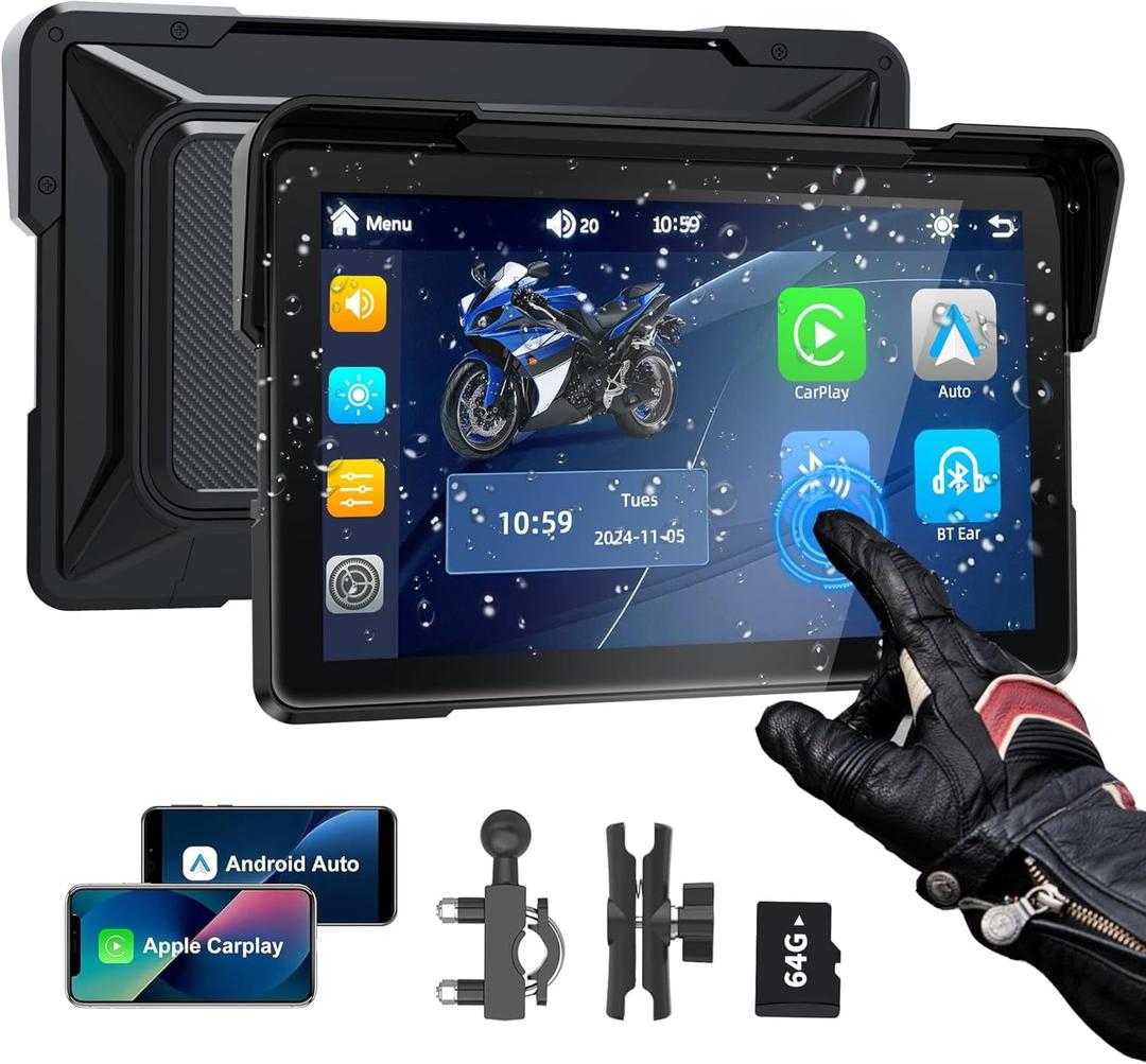 PARKVISION Motorcycle Carplay Screen, Wireless Apple CarPlay & Android Auto GPS Navigation for Motorcycle, 7" Waterproof Portable Touch Screen,TF-64G,Dual Bluetooth,Support Siri/Google Assistant