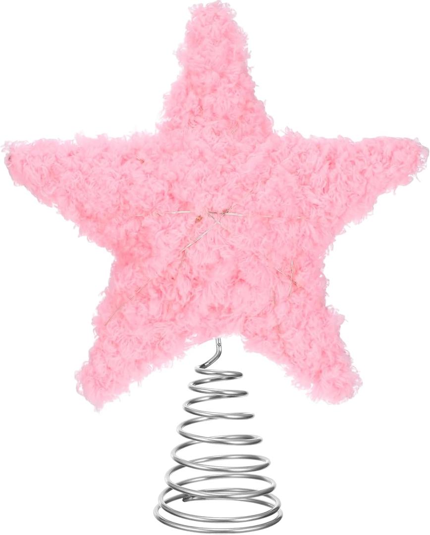 Soulchen Pink Christmas Star Tree Topper Star with LED Light Fluffy Christmas Ornaments for Xmas Tree Decor Holiday Party Decorations