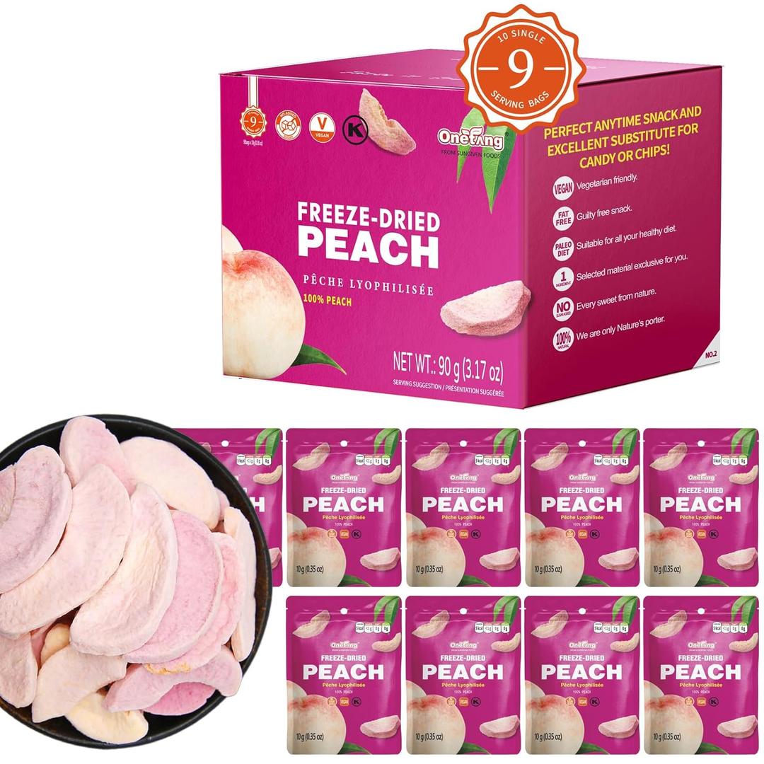 ONETANG Freeze-Dried Fruit Peach Chips, 9 Pack Single-Serve Pack, Non GMO, Kosher, No Add Sugar, Gluten free, Vegan, Holiday Mothers Day Gifts, Healthy Snack 0.35 Ounce, Best By: JUN/02/2026