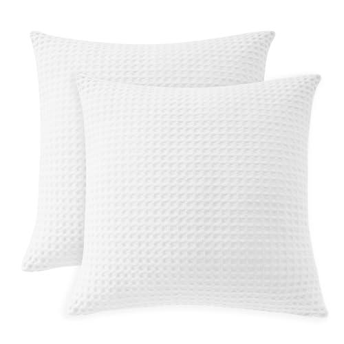 100% Egyptian Cotton 600 TC Waffle Weave Throw Pillow Covers 2 Pack, Ultra Soft Breathable Euro Pillow Shams Covers, Decorative Cushion Covers for Bed Couch Sofa Car, No Insert, White, 18" x 18"