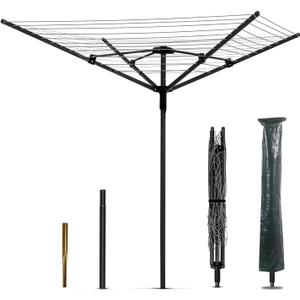 Nisorpa Rotary Outdoor Umbrella Drying Rack Adjustable Height Clothesline w/Waterproof Protective Cover Folding Rotary Dryer with 4-Aluminum Arms and Steel Post 12-Lines with 165 ft Clothesline