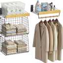Wall Mounted Laundry Room Shelves, Wire Baskets with 8 Hooks and Hanging Rod, Over The Washer and Dryer Shelf, Drying Rack, Laundry Room Organizer and Storage, 2 Pack Black