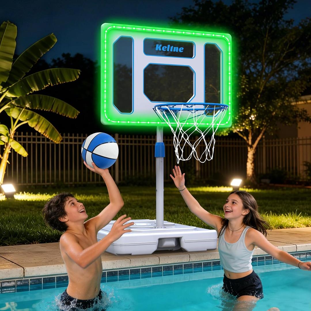 Solar Pool Basketball Hoop Poolside, 4.1-4.8Ft Adjustable Height, 32" Backboard Pool Basketball Goal with Bright Colorful LED Light, Rust-Proof Poolside Basketball with 2 Ball & Pump for Inground Pool, 27x31x58 Inch