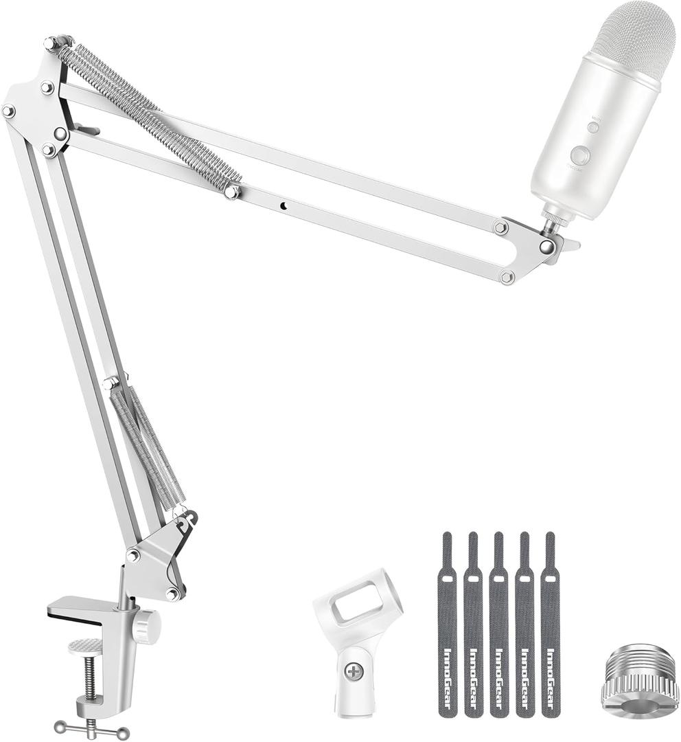InnoGear Boom Arm Microphone Mic Stand for Blue Yeti HyperX QuadCast SoloCast Snowball Fifine Shure SM7B and Other Mic, White