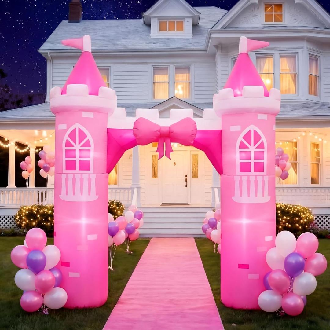 Sotiff 10ft Princess Inflatables Arch Decoration Blow-up Pink Castle Outdoor Decor with Built-in LED Light Blower for Girls Indoor Outdoor Yard Party Holiday Birthday Supplies