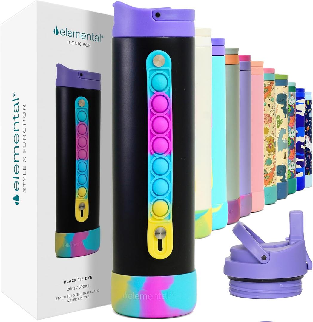 Elemental Iconic Kids Water Bottle for School - 100% Leak-Proof Insulated Water Bottles with Straw Lid & Pop-It Handle for Boys & Girls - Triple-Wall Insulated & BPA-Free, 20oz  Black Tie Dye