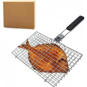 Square BBQ Fish Basket for Grilling, Portable 304 stainless steel grill basket for Fish, Vegetables, Meat Skewers, Suitable for camping, patio barbecues, or as a gift for men/women.
