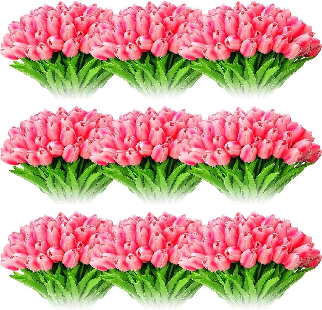 Jexine 100 Pcs Artificial Real Touch Tulips Fake Artificial Tulip Flower Bulk Bouquet with Stem for Table Centerpieces Wedding Bridal Easter Mother's Day Garden Home Decor, 13.4''(Purple Rose)