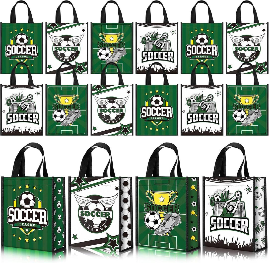 Estune 24 Pcs Soccer Party Favor Bags Soccer Gift Goodie Bags Treat Candy Non Woven Wrapping with Handles Tote for Sports Birthday Party Supplies Sports Theme Decorations