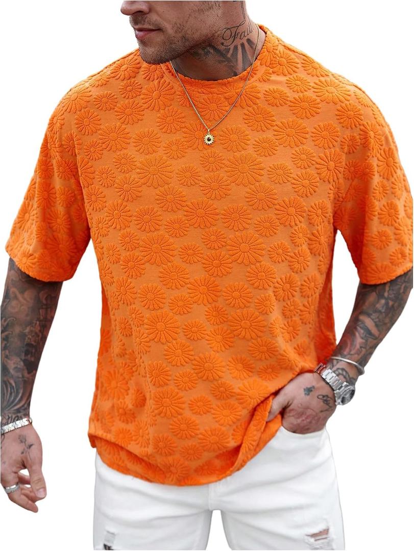 BEAUDRM Men's Floral Tees Tops Crewneck Shirt Short Sleeve Vacation Summer T Shirt Streetwear (Orange, S)