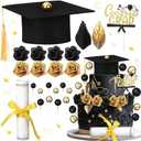Jingmore Graduation Cake Kit Included Felt Graduation Cap Diploma Classic Black Congrats Grad Cupcake Toppers Beads Leaf Flowers Cake Decorations for Class of 2025 Graduation Party(Black and Gold)