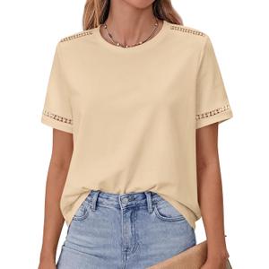 BTFBM Short Sleeve Shirts for Women 2026 Lace Summer Tops Spring Casual Loose Crew Neck T-Shirt Cute Vacation Outfits (S)