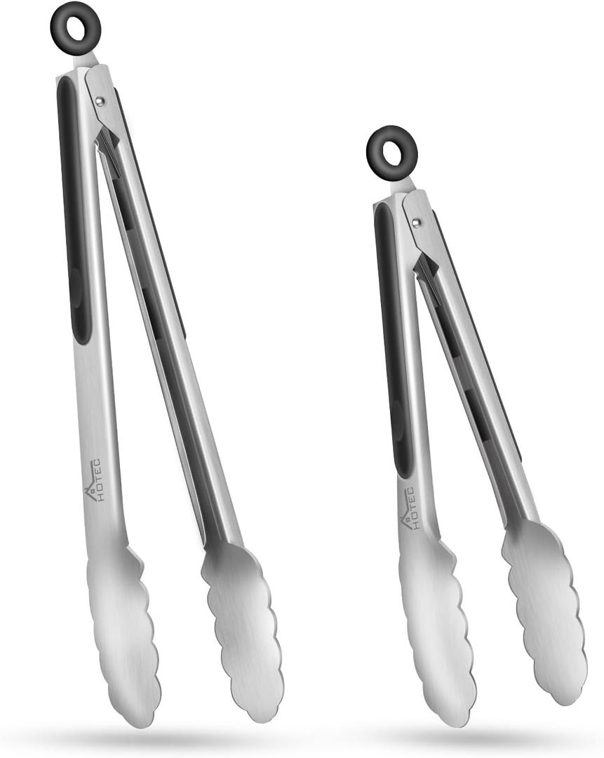 Hotec Stainless Steel Kitchen Tongs Set of 2 - 9" and 12", Locking Metal Food Tongs Non-Slip Grip Hotec Stainless Steel Kitchen Tongs Set of 2 - 9" and 12", Locking Metal Food Tongs Non-Slip Grip