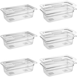 6 Pack 1/3 Size 4'' Deep Clear Food Pans with Lids, Commercial Food Pans Polycarbonate Transparent Food Storage Containers, Stackable Plastic Pan with Capacity Scale, Restaurant Supplies Hotel Pan