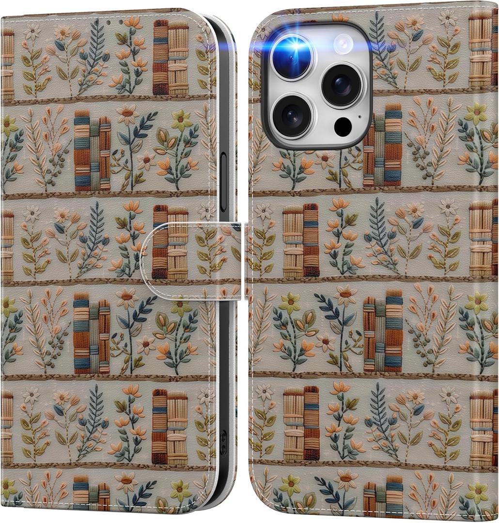 DEENAKIN for iPhone 15 Pro Wallet Case with Card Holder + Cash Clip, RFID-Blocking, Military-Grade Drop Protection & UV-Printed Artwork, Magnetic Closure with Leather Kickstand - Floral and Book
