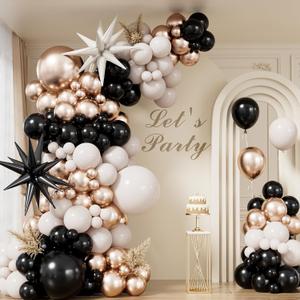 Black and Gold balloon Arch Garland Kit - Black Gold White Balloons with Sand White, Metallic Champagne Balloon, Star Foil Balloons for Graduation Birthday Wedding Party Decorations, 125Pcs