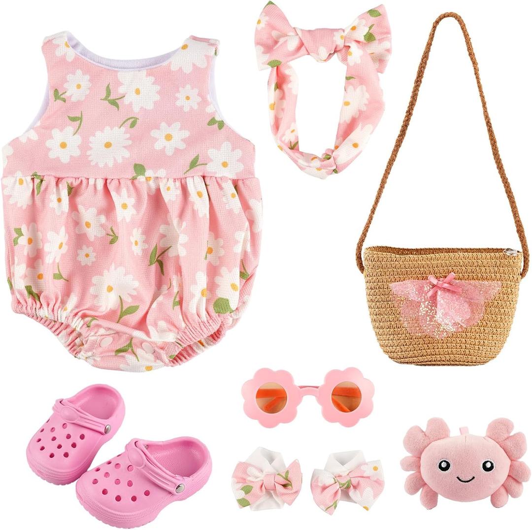 BABESIDE 16-20 Inch Reborn Baby Doll Clothes Set with 16 Inch Doll Shoes for Reborn Dolls, Summer Floral Babydoll Clothes with Bag Headband for Realistic Baby Dolls Accessories, Pink