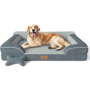 CWAWZ Extra Large Dog Bed, Orthopedic Dog Bed with Cooling Gel Memory Foam, Waterproof XL Pet Bed with Removable Washable Cover, 42" Pet Sofa Couch Dutch Velvet with Bone Toy, Gray