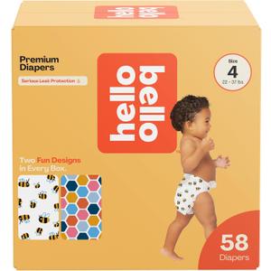 Hello Bello Premium Diapers Size 4 (22-37lbs), Busy Bees & Hive Five Designs, 58ct Club Box