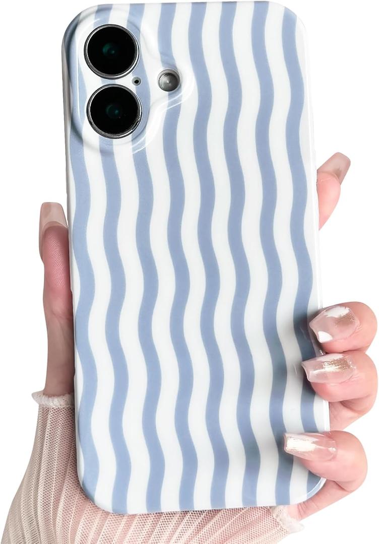 Lovmooful for iPhone 16 Case Cute Color Wavy Striped-Blue&White