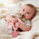 CREVENT 3-in-1 Baby Lovey Blanket with Teether & Rattle | Plush Chewable Animal Head Security Blanket, Birthday Gift - Pink Bear