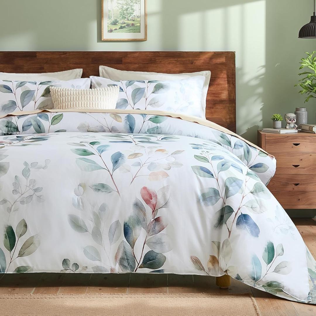 100% Cotton Comforter Queen Green Botanical Bedding Set Sage Green Leaf Floral Cottagecore Country Theme Super Soft Breathable Cotton Bed Comforter Set