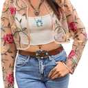 OYOANGLE Women's Floral Embroidered Sheer Bolero Open Front Crop Jackets Long Sleeve Mesh Summer Cardigan Tops (XL)