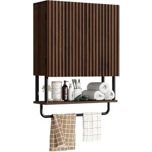 RUSTOWN Fluted Bathroom Wall Cabinet with 2 Doors, 3-Tier Modern Farmhouse Medicine Cabinet, Over The Toilet Storage Cabinet with Adjustable Shelf and Towel Bar (Dark Walnut, Medium)