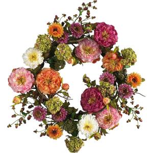 Nearly Natural 24in Artificial Peony Wreath Multicolor Faux Floral Spring Wreath for Front Door, Indoor Wall Decor, and Dining Table Centerpiece