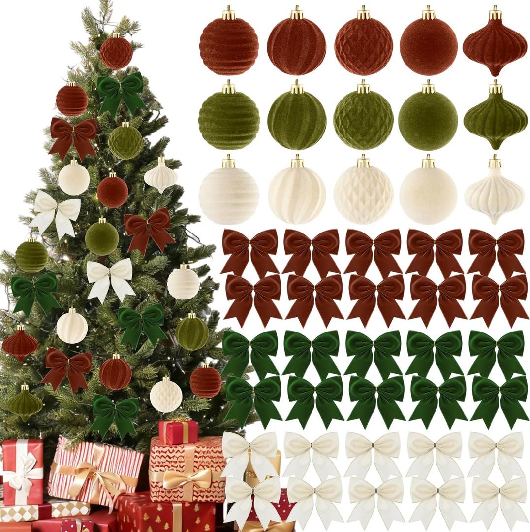 Syhood 60 Pcs Neutral Velvet Christmas Ornaments 30 Flocked Hanging Ball Ornament for Christmas Tree 30 Velvet Bow Green Brown Cream Shatterproof Ball Decoration Assortment Xmas Tree Winter Party