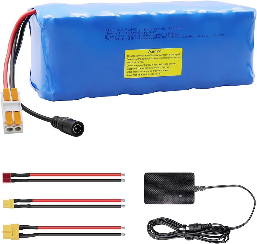 KBT 36V 5Ah Rechargeable LiFePO4 Battery Pack, with Charger, Charging Cable, Cable Connector, Build-in 10A BMS