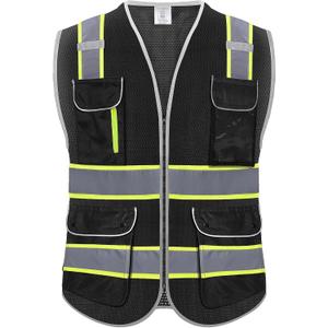 2 x High Visibility Safety Vest - Reflective Breathable Mesh with 9 Pockets, Front Zipper for Men & Women - Meets ANSI/ISEA Standards