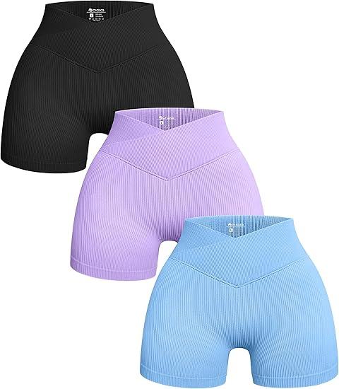 OQQ Women's 3 Piece Yoga Shorts Ribbed Seamless Workout High Waist Cross Over Athletic Leggings, S