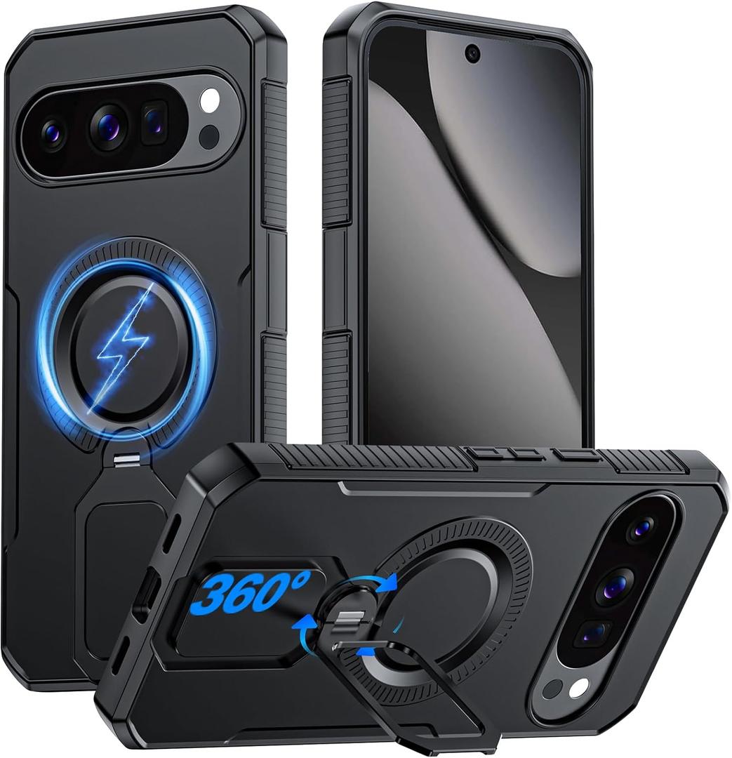 CENMASO Magnetic for Google Pixel 10 Pro XL Case with 360 Spin Stand, Fit for Magsafe, Military Grade Protection, Shockproof Case for Pixel 10 Pro XL with Kickstand & Ring Stand (Black)